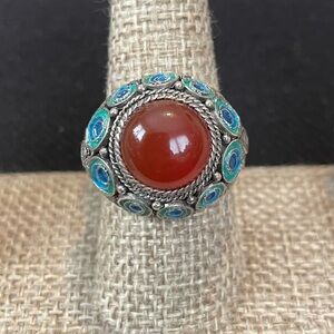 Sterling Silver Carnelian Peacock Enamel Ring Size 9